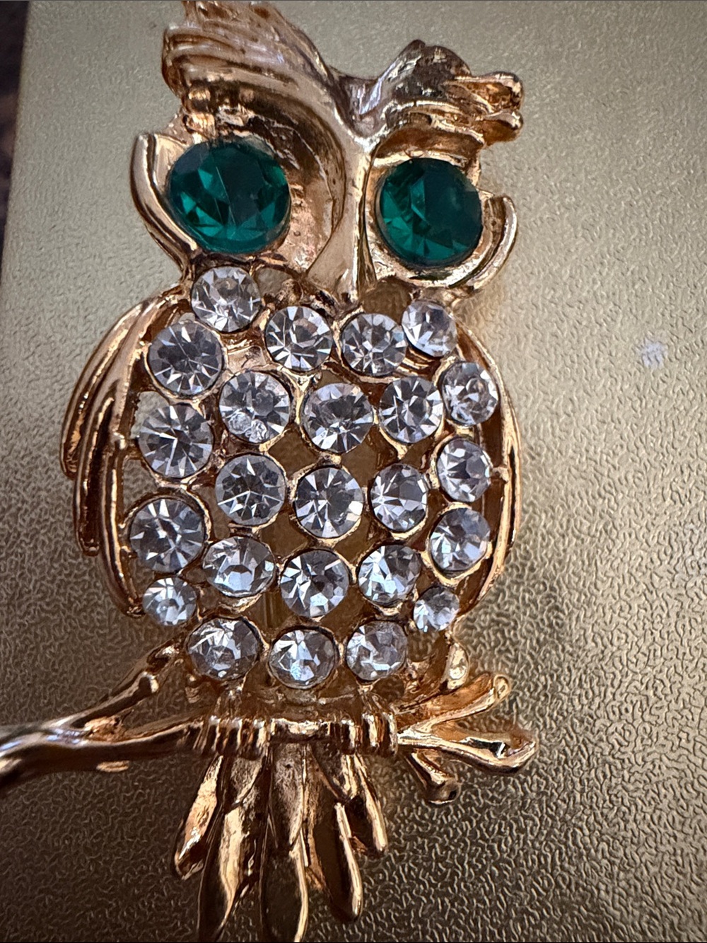 Gold Owl Brooch with Emerald like Green Eyes and Clear Crystals